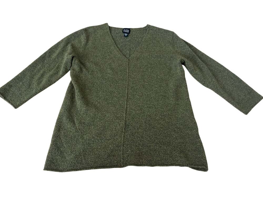 Eileen Fisher Green Merino Wool Blend Sweater V-Neck 3/4 Sleeve Women's Small S